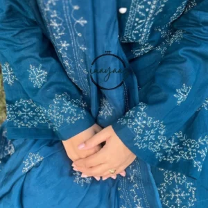 Teal blue chikankari hand embroidered shirt and dupatta with matching pants