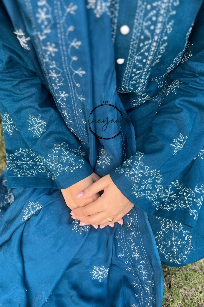 Teal blue chikankari hand embroidered shirt and dupatta with matching pants