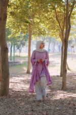 Lilac hand-embroidered Chikankari shirt with matching silk dupatta and off-white farshi shalwar