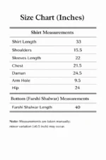 size chart for the hand embroidered short shirt and farshi shalwaar